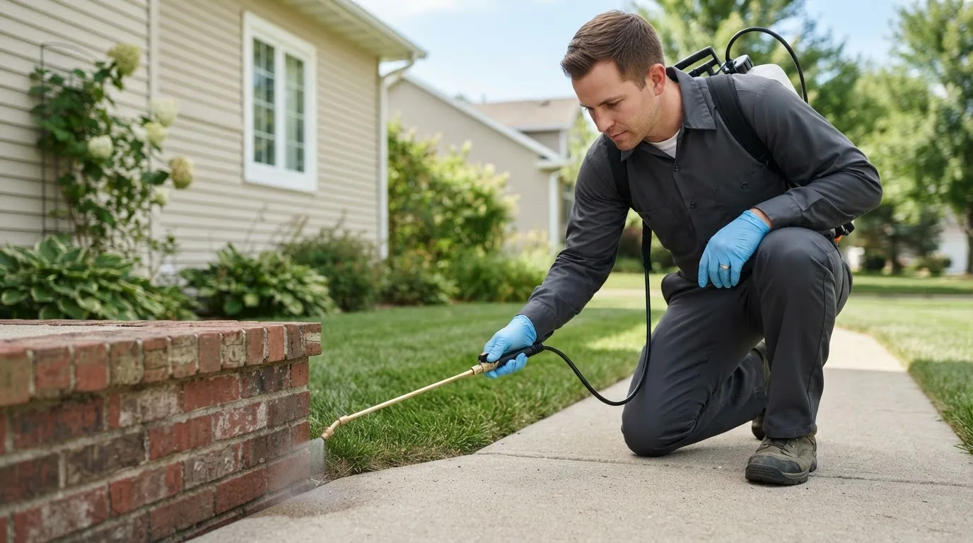 Pest control technician treating a home near Castella, CA